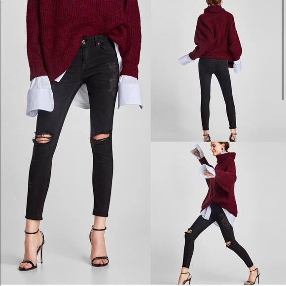 ZARA Midrise Skinny Jeans Denim Floral Ripped Detail Black Distressed Pants - Picture 3 of 6